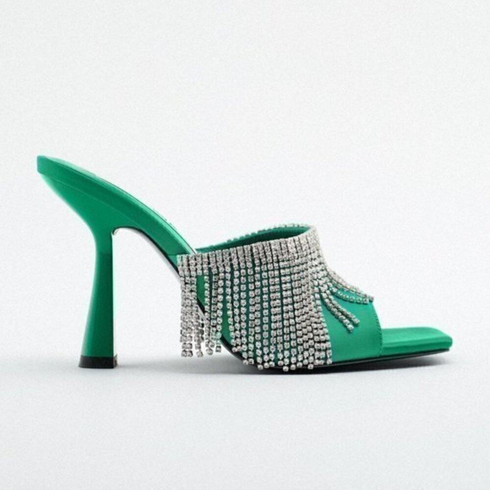 Zara Rhinestone Fringe Mule Heels Green Statement Sandals NWT - Picture 16 of 16